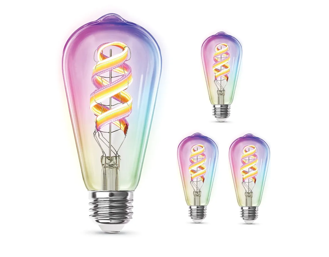 Feit Electric ST21 Smart Spiral LED Filament Edison Bulb, 60W Equiv, RGBW Color Changing, Dimmable, 2.4GHz Wi-Fi Enabled, Works with Alexa & Google Home, App Control, ST2160/RGBW/FIL/AG/4, 4 Pack