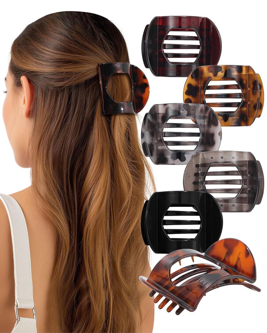 AWAYTR 6Pcs Flat Hair Clips for Women Strong Grip Curved Claw Clip for Thin Hair Non-slip Plastic Hair Barrettes (Leopard print + Black)