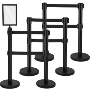 Therwen 6 Pcs Crowd Control Stanchions Set, Double Retractable Safety Belt, Heavy Duty Stainless Steel Crowd Control Barrier, Solid Metal Base, Easy Connect Assembly (16.4 ft,Black)