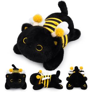 Weighted Cat Stuffed Animal,Bee Black Cat Plush Soft Weighted Plushies,Cute Plush Toys with Removable Honeybee Outfit Costume,Sensory Comfort Huggable Weighted Plush Animals Gifts for Kids