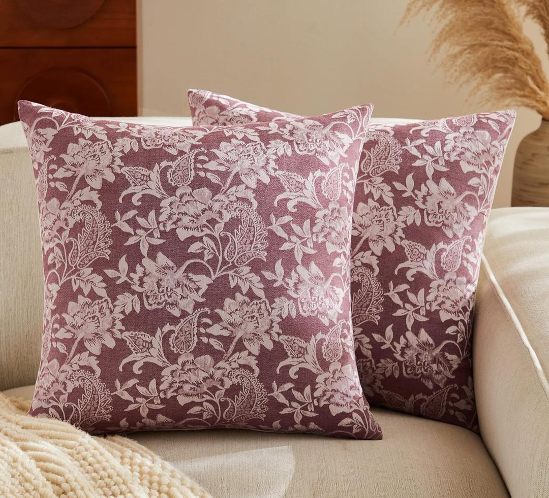 Floral Jacquard Throw Pillow Covers Set of 2, Background/Burgundy 22x22 Inch, Farmhouse Decorative Cotton Burgundy Cushion Covers for Sofa Bed Living Room Home Decor