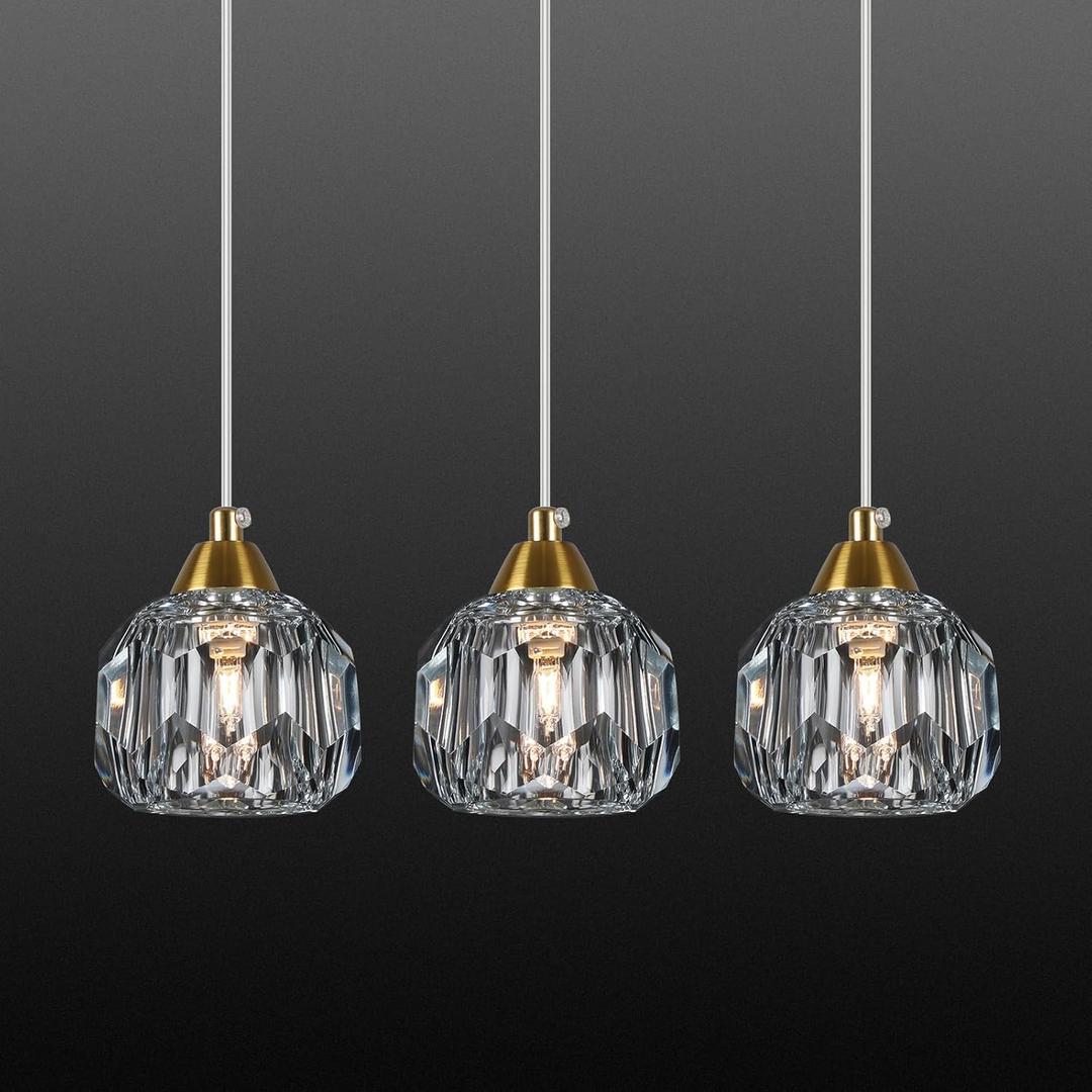 Weesalife Crystal Chandeliers for Dining Room Lights Fixture Over Table, 3 Pack Gold Modern Pendant Light Fixture，Crystal Pendant Lighting for Kitchen Island Bathroom Bar, Brass