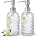 2 Pack Gem-Patterned Glass Soap Dispenser with Rust Proof Stainless Steel Pump-13 oz Liquid Hand Soap Dispenser for Kitchen & Bathroom,Great for Lotions, Essential Oil, Liquid Soaps-Clear