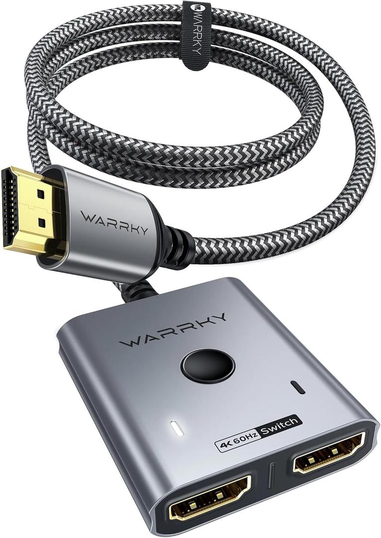 HDMI Switch 2 in 1 Out 4K@60Hz, WARRKY[with 3.3ft Fixed Braided HDMI Cable, Aluminum Case, 2K@144Hz, HDCP 2.2] Bidirectional 2x1 Switcher Splitter Compatible for PS5/4, Xbox, Roku, FireStick, Switch (Grey)