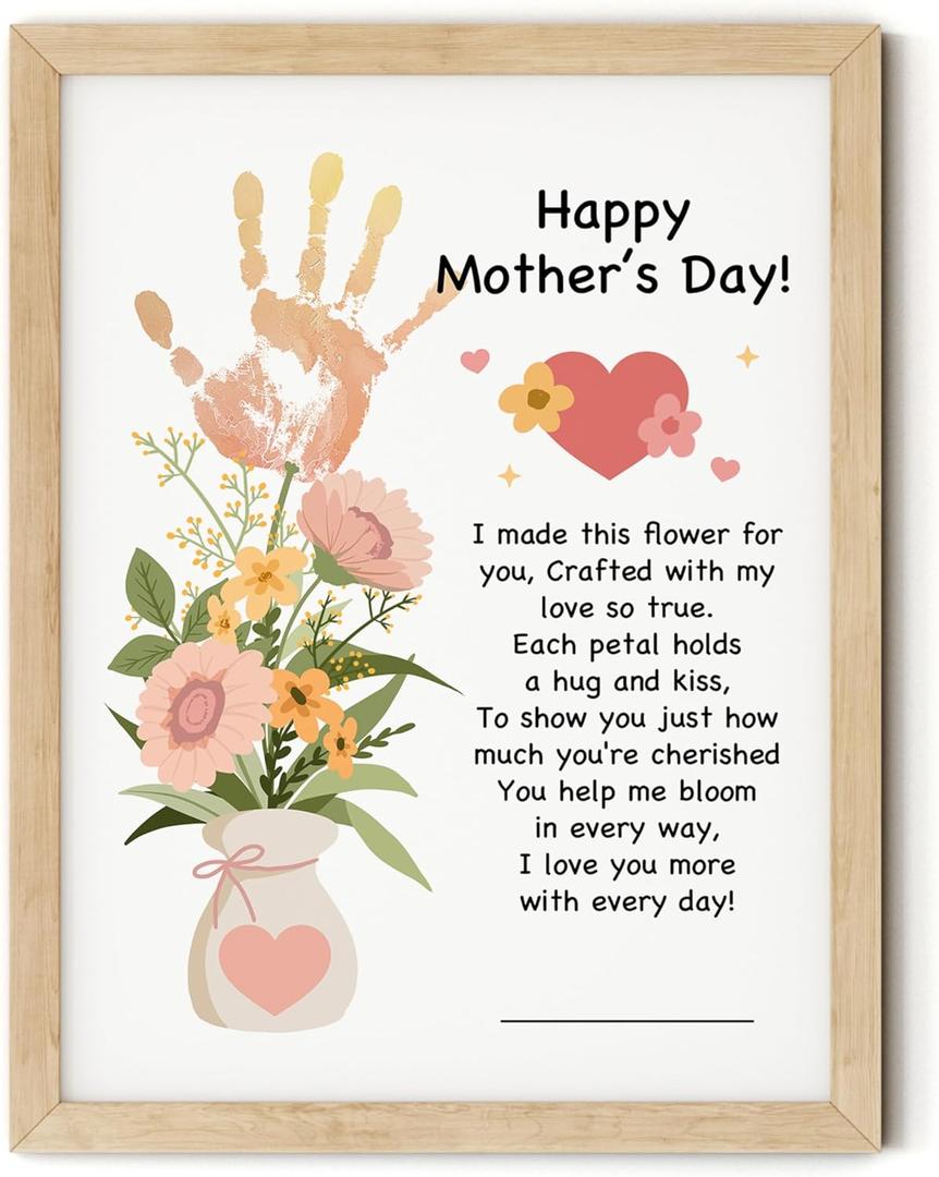 TwoDays Mother's Day Handprint Gift from Kids - Flower Vase DIY Keepsake Craft for Mom & Grandma, Family Activity Art Kit, Great Gift for Mother's Day (12" X 16", Wood Frame)