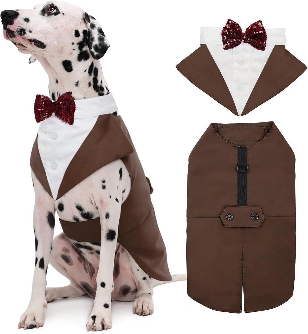 Kuoser Dog Tuxedo Dog Suit and Bandana Set, Dogs Tuxedo Wedding Party Suit, Doggy Prince Bow Tie Shirt Formal Pet Wedding Attire for Dogs Golden Retriever Samo Bulldogs, Large Brown