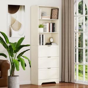 6 Tier Book Shelf with Drawers, White Farmhouse Display Bookshelf with Organizers and Storage, Free Standing Tall Bookshelf with Cabinet for Bedroom, Living Room, Office