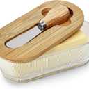 Butter Dish with Lid, Glass Butter Container for Countertop, Butter Keeper Holder with Wood Lid and Knife for East West Coast Butter Stick, Kitchen Counter Dcor (Stripe)