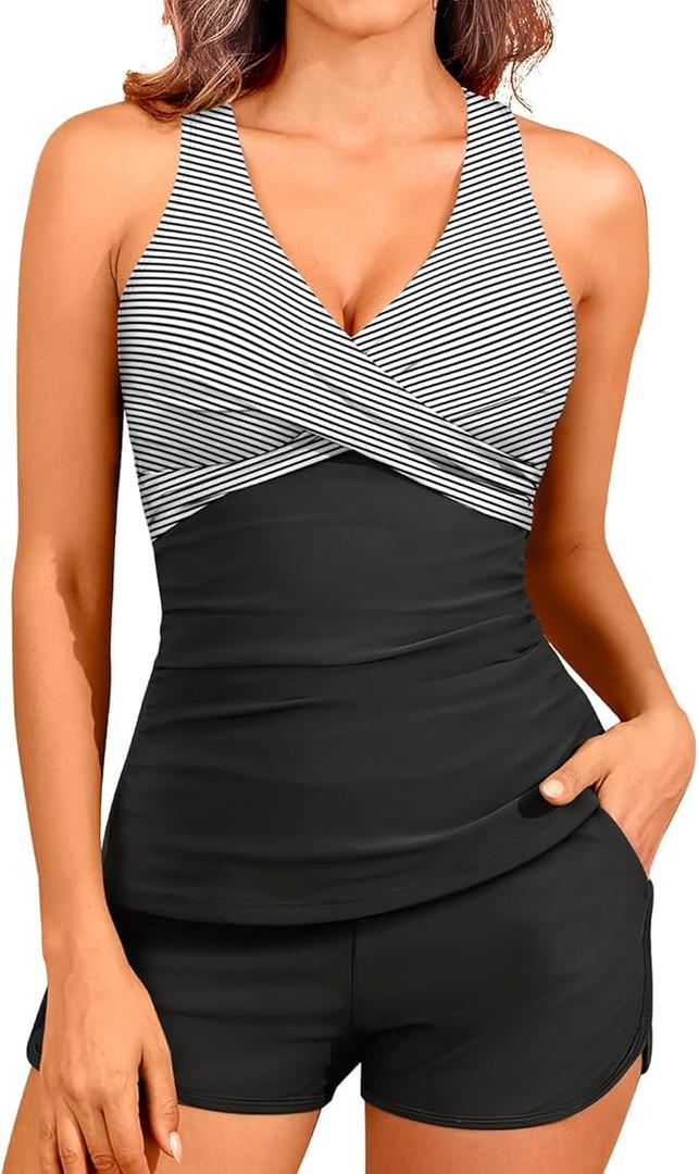 Women Tankini Swimsuits with Shorts - Two Piece Tummy Control Bathing Suits Top with Two Pockets Bottom Swimwear, Size: 18W