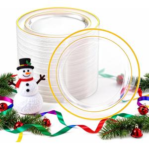 I00000 100PCS Clear Gold Plastic Plates, Clear Dinner Plates with Gold Rim 10 Inch, Fancy Disposable Wedding Premium Plastic Plate for Wedding Christmas Party Dinner