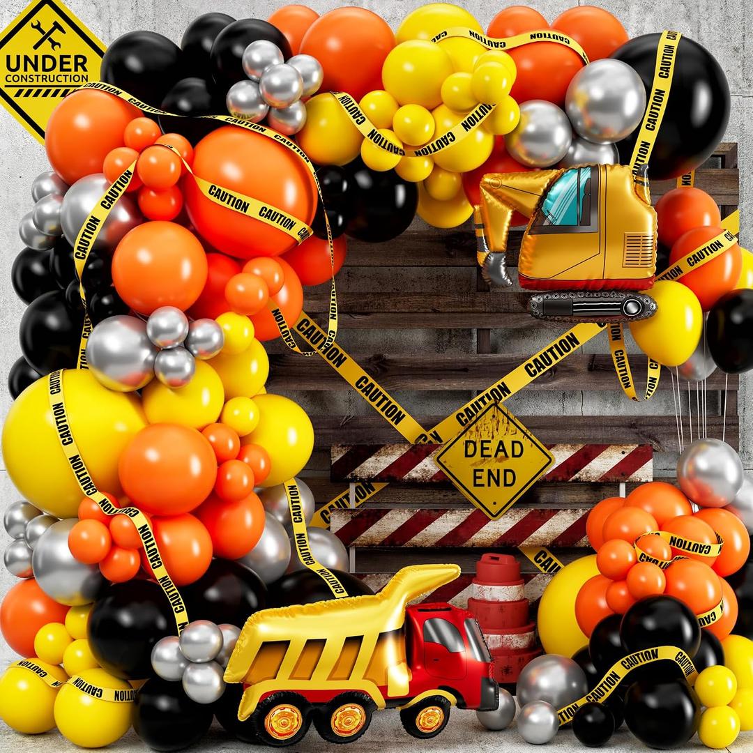 ALL-IN-1 Construction Balloon Arch Kit with BONUS Caution Tape & Truck Balloons - Construction Balloons for Excavator Birthday Decorations - Construction Birthday Party Supplies & Decorations, 5 inch, 10 inch, 18 inch
