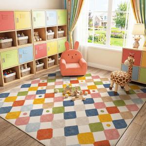 jinchan Macy Kids Area Rug for Classroom 8'x8' Square Rug Modern Colorful Nursery Rug Checkered Diamond Play Mat Washable Soft Non Slip Carpet for Playroom Living Room Bedroom Daycare Circus on Cream