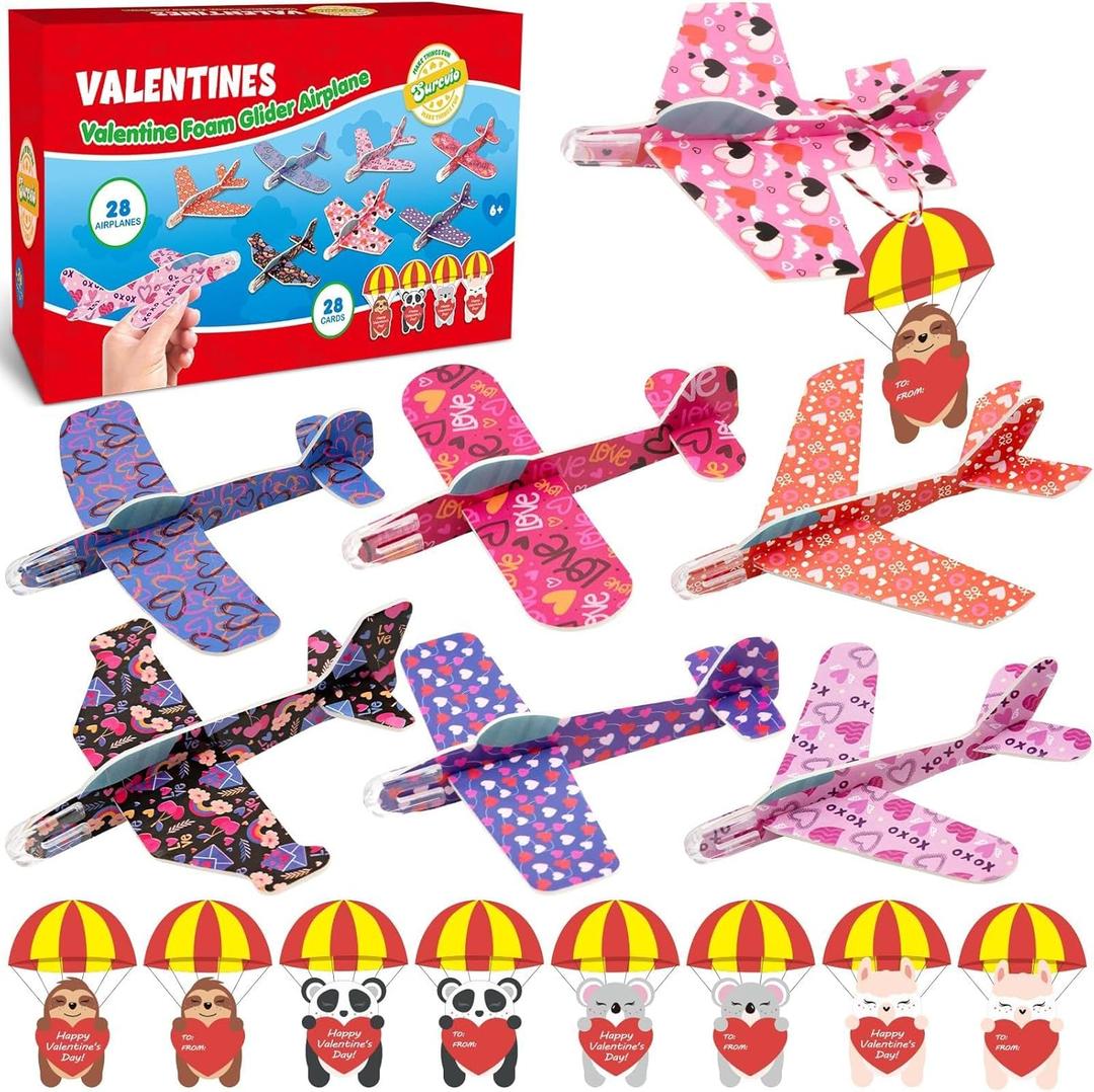 28 Pack Valentines Day Gifts for Kids, Foam Airplanes Party Favor Set with Valentines Greeting Cards for Kids, Valentine's Day School Prize Party Favor, Classroom Exchange Gift Set