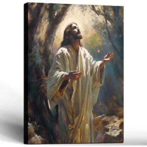 Framed Jesus Canvas Wall Art Jesus in the Garden Wall Decor Picture Christian Poster Painting Decoration Unique Print Wall Decor Living Room Bedroom Church Decor 12x16 Inch Ready to Hang
