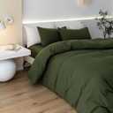JIYUAN Queen Size Duvet Cover Set, 3-Piece - 100% Washed Cotton, Linen-Like Soft & Breathable with Zipper Closure, Includes 90x90 Inch Cover & 2 Pillowcases, Solid Olive Green