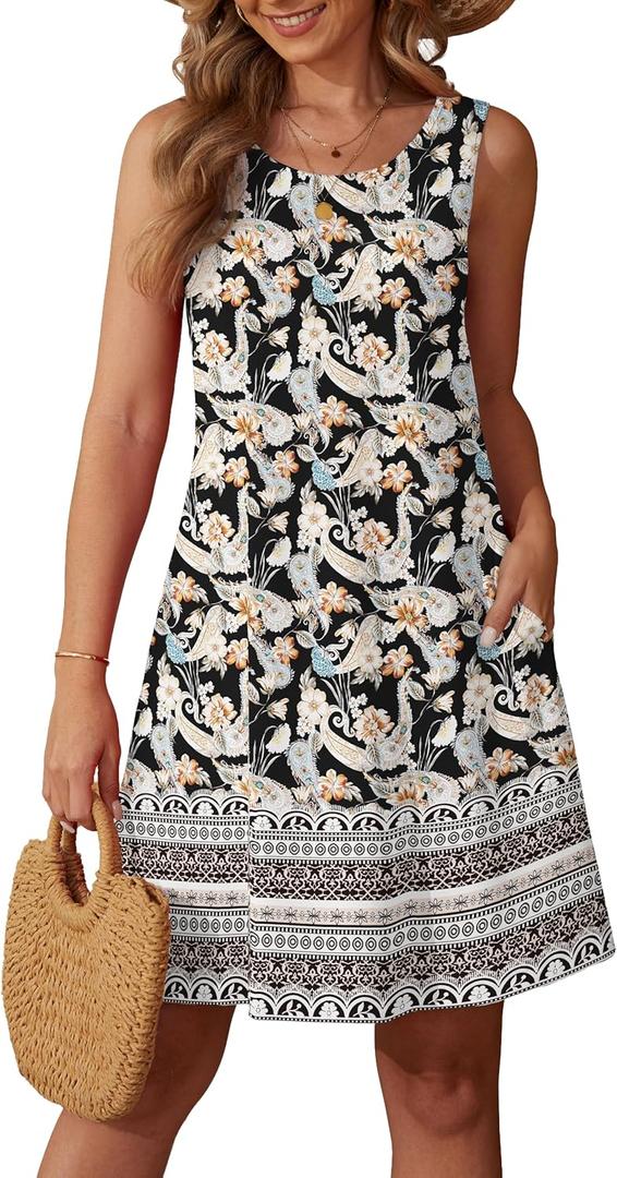QUEZHU Women's Summer Dresses Casual Sleeveless Tank Sundress Round Neck Knee Length Mini Dress with Pockets (XL)