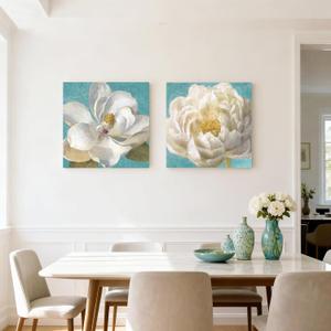 Flower Wall Decor Peony Canvas Wall Art Turquoise and White Magnolia Painting Framed Nature Botanical Floral Artwork for Bedroom Living Room Office 24"x24"x2pcs