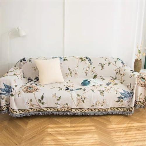 VClife Boho Couch Cover Cotton Linen Beige Sofa Cover Vintage Floral Birds Couch Cover for 2 Cushion Couch Sofa Dog Pet Friendly Non-Slip Loveseat Cover Futon Cover Sofa Cover with Tassel 71"x 118"