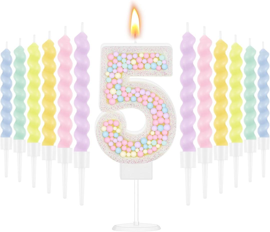 MTLEE Number 5 Birthday Candle with 12 Pcs Spiral Candles for Girls Macaron Pastel Rainbow Unicorn Pink Cake Topper for Sweet Theme Party Decoration (White)