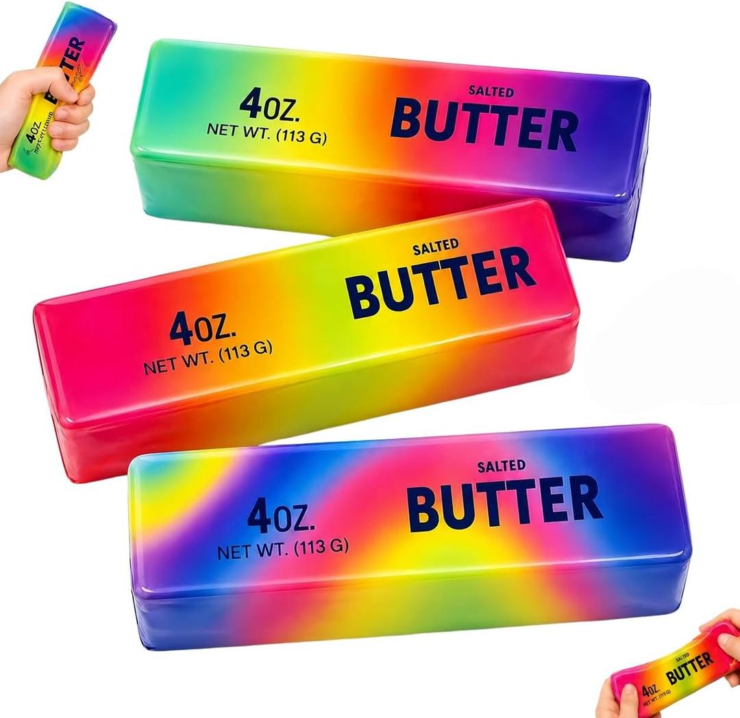 3PCS Butter Squishy Stress Toy,Soft Novelty Toy,Realistic Butter Stick Fidget, Slow Rising Soft Squeeze Toy for Adults Stress Relief & Anxiety Relief (Random 3 Dazzling Colors)