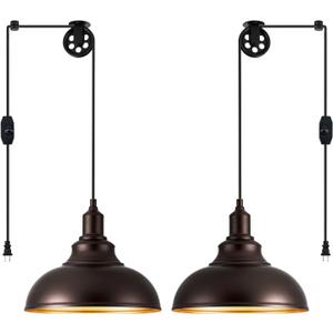 Oil Rubbed Bronze Pendant Light Hanging Lamps for Living Room Plug in 15FT Dimmable Switch Adjustable Pulley Hanging Lights with Cord for Kitchen Bedroom 2 Pack