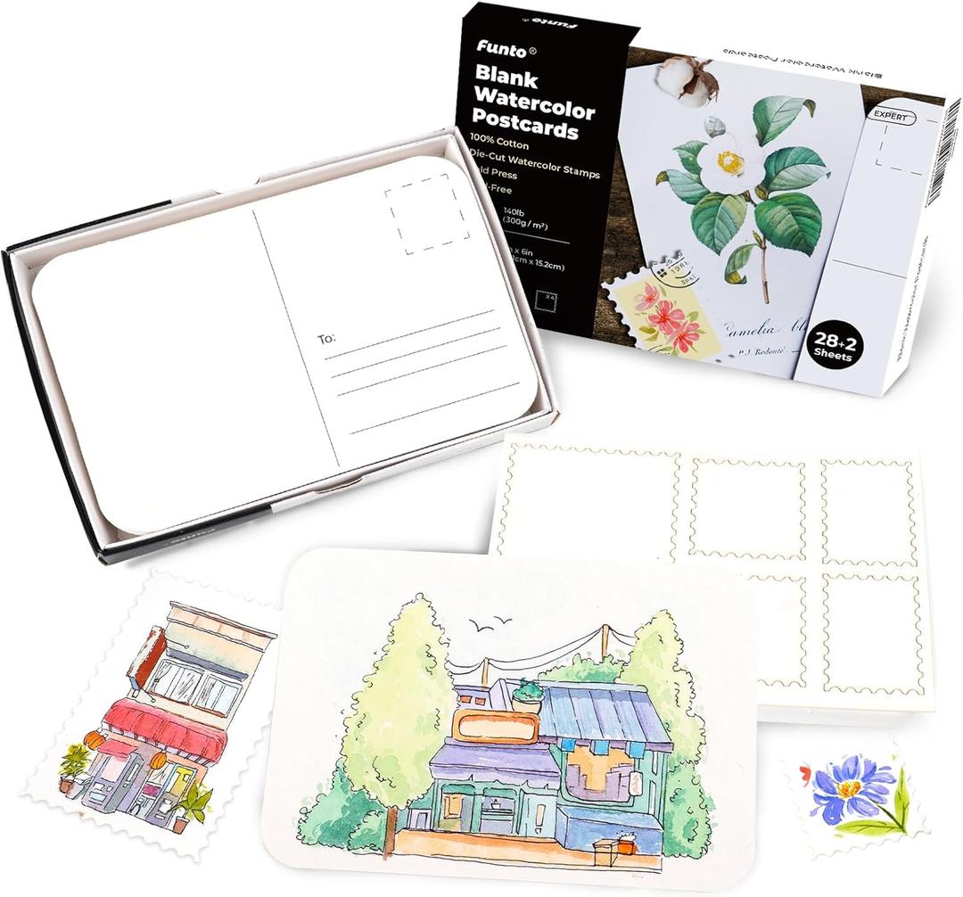 Funto 100% Cotton Watercolor Paper Postcards, 28 Blank Cards + 2 Stamp Sheets, 4x6, 140lb/300gsm, Cold Press, Acid-Free Heavyweight for Artists & Beginners