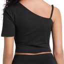 Crop Tops for Women Cute One Shoulder Tee Short Sleeve Going Out Shirts with Adjustable Strap and Playful Hem (Black, S)