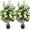 Artificial Camellia Tree 2 Pack 42" Faux Camellia Plant in Pot with 32 Blooming Flowers Fake Flower Tree Greenery Potted Plant for Indoor Outdoor Office Home Porch Decor Yellow