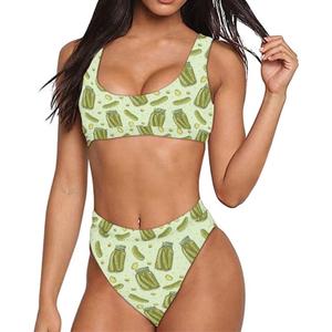 ELEQIN Women Printed Two Pieces High Waisted Cheeky Bikini Sets Low Scoop Crop Swimsuit (Medium, Funny Pickles)