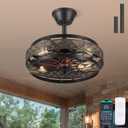 18 inch Black Caged Ceiling Fan with Lights, Bladeless Industrial Ceiling Fan with Remote, 6 Speed, Timing, Farmhouse Fan Lights Ceiling Fixtures for Kitchen, Bedroom