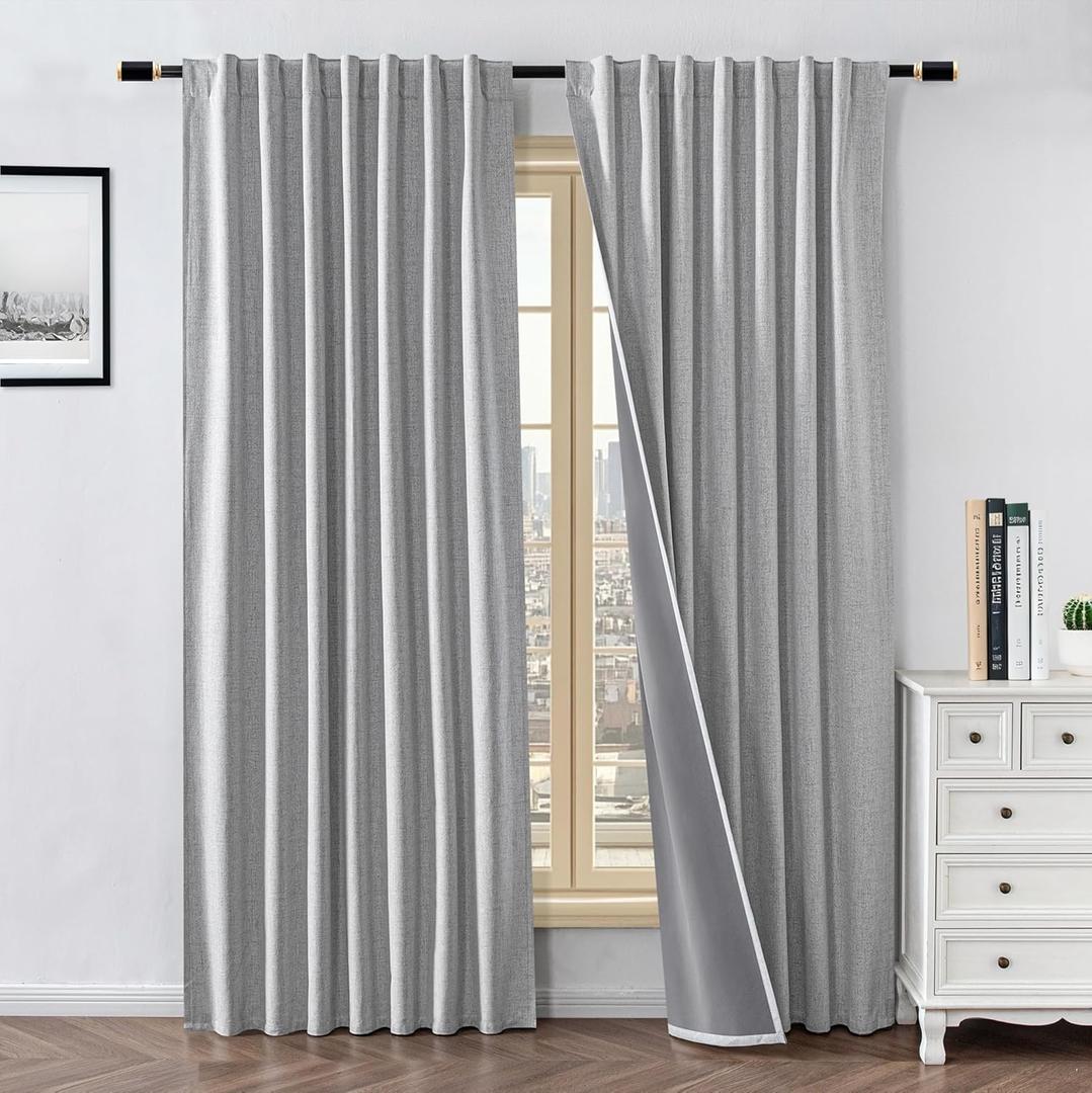 100% Blackout Curtains for Living Room, 96 Inch Curtains 2 Panel Set Light Blocking, Back Tab & Rod Pocket Thermal Insulated Drapes Bedroom Windows Home Decor(52W  96L inch, Greyish White)