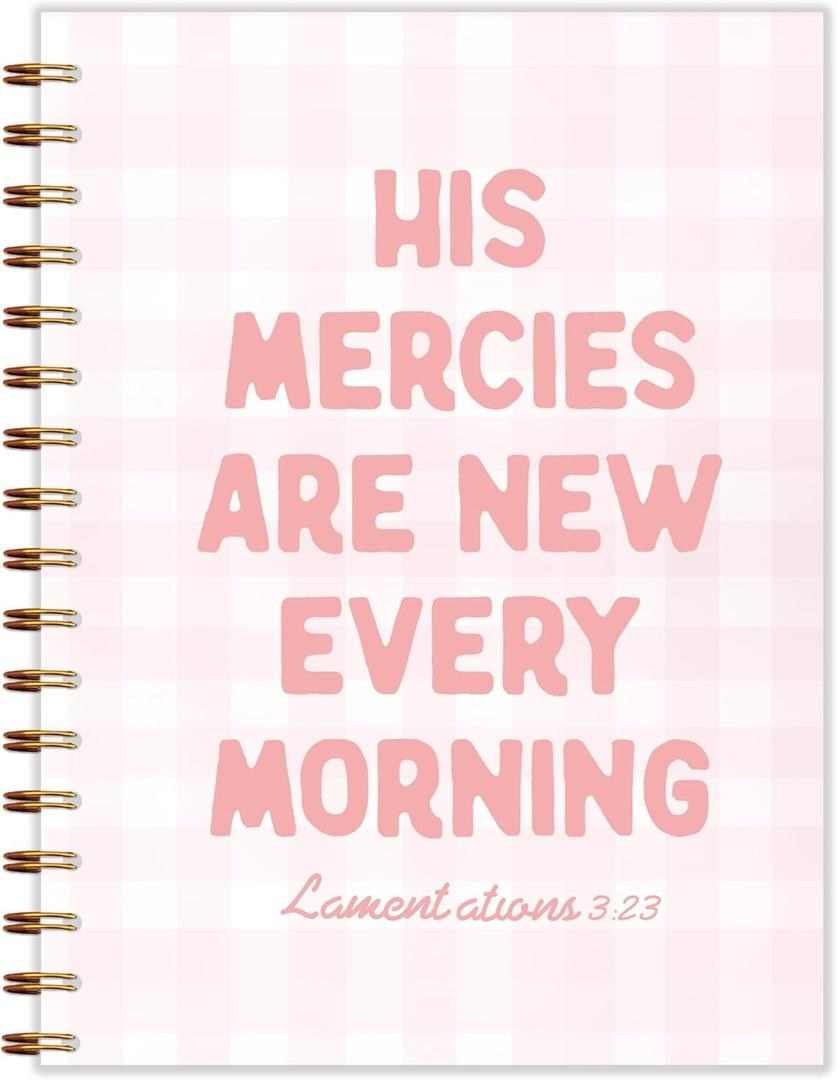 Pink Plaid Christian Spiral Notebook 5.5x8.3, His Mercies are New Every Morning Bible Journaling, Religious Prayer Journal for Woman, Church Notes Notebook, Scripture Journal