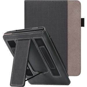WALNEW Stand Case for 7-inch Kindle Paperwhite 12th Generation (2024 Released) and Kindle Colorsoft Signature Edition, Two Hand Straps Shell PU Leather Cover with Auto-Wake/Sleep (Black)