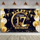 17th Birthday Party Decoration, Extra Large Fabric Black Gold Sign Poster for 17th Anniversary Photo Booth Backdrop Background Banner,72.8 x 43.3 Inch