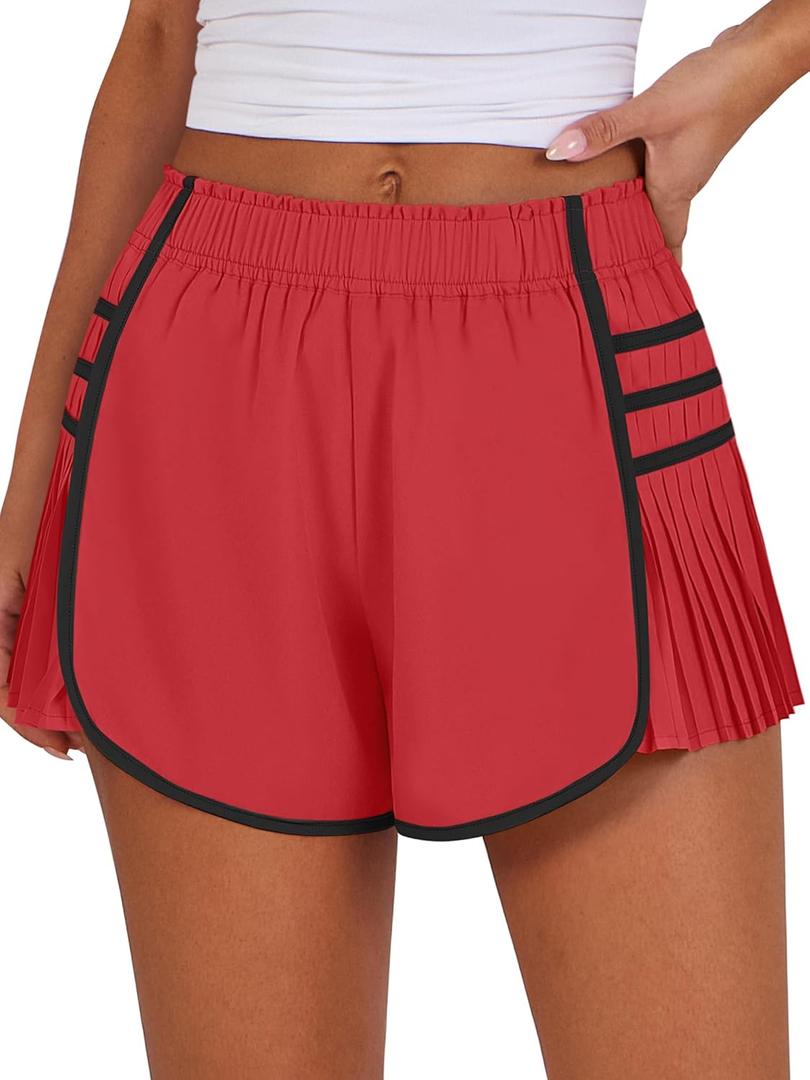 Caracilia Women Running Shorts Flowy Pleated Athletic Shorts Summer High Waisted Tennis Sporty Workout Gym Shorts Red Medium