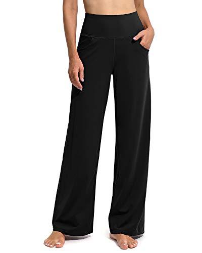 Promover Wide Leg Pants Woman Yoga Pants with Pockets Loose Stretch Casual Lounge Sweatpants Women Fashion Clothing(Black,Large,Regular)