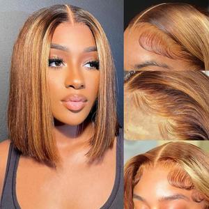EQ DUOUPA 14 Inch Highlight Bob Wig Human Hair 180 Density Highlight 13x4 HD Lace Front Wigs Omber P4/27 Human Hair Bob Wigs