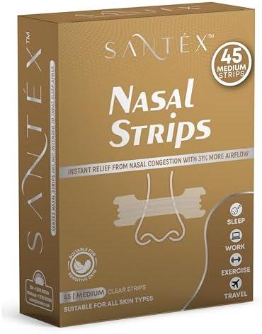 SANTÉX Medium Clear Nasal Strips for Snoring Solution, Nose Strips for Breathing Efficiency, Drug-Free Nasal Congestion Relief, Cold & Allergy, 45ct, Original, Set of 4