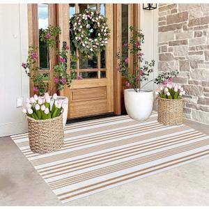 BUAGETUP Khaki and White Outdoor Rug 3'x 5' Hand-Woven Cotton Washable Rug Striped Front Porch Rug Indoor/Outdoor Area Rug Floor Mat for Farmhouse/Layered Door Mats/Living Room