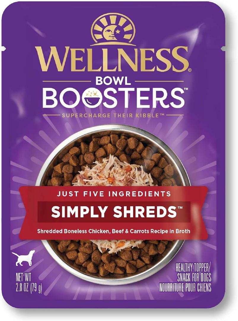 Wellness Bowl Boosters Simply Shreds Wet Dog Food Topper for Small, Medium, and Large Breeds, Grain Free, Natural, Beef and Carrots Recipe, 2.8 oz, Pack of 12 Pouches (EXP 06/26/26)