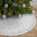 Plush Christmas Tree Skirts, 36 inches Luxury White Faux Fur Xmas Tree Base Cover Mat with Silver Snowflakes Pattern for Xmas New Year Home Party Decorations(White Silver,90CM)