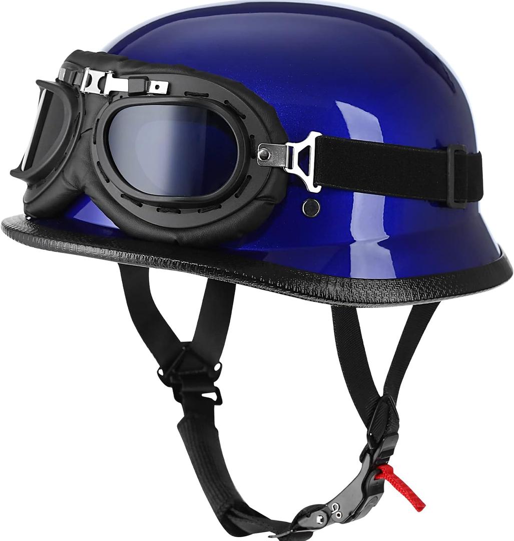 Yesmotor Helmet Half Shell German Motorcycle Helmet with Cycling Glasses - DOT Approved（Dark Blue，M）