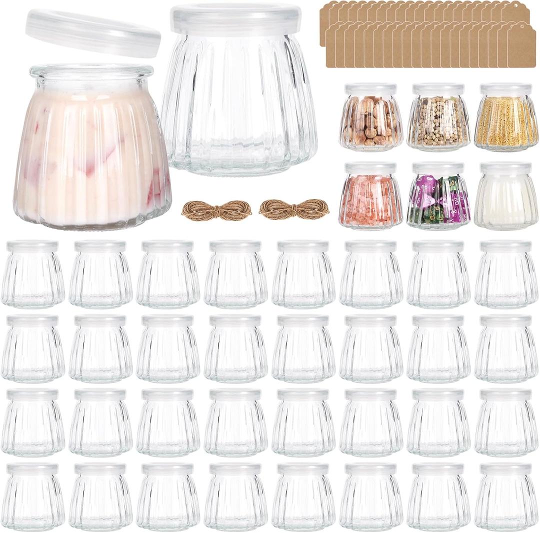 40 Pack 4 oz Mini Glass Jars with PE Lids - Small Yogurt/Pudding Containers for Wedding Favors, Honey, Spices & DIY Crafts (Includes Labels & String)
