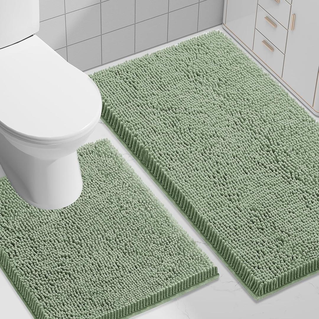 Smiry Bathroom Rugs Set 2 Piece, Soft Absorbent Chenille Bath Mat and U-Shaped Toilet Rug Set, Non Slip Shaggy Bath Carpet for Tub, Shower and Floor (30x20+24x20, Sage Green)