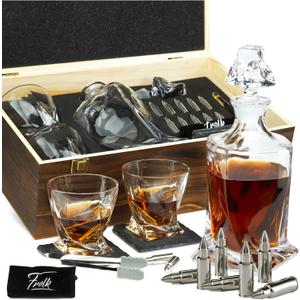 Whiskey Decanter and Stones Gift Set for Men - Whiskey Decanter, 2 Twisted Whiskey Glasses, 10 Stainless Steel Stones, 2 Slate Coasters, Tongs & Freezer Pouch in Wooden Gift Box