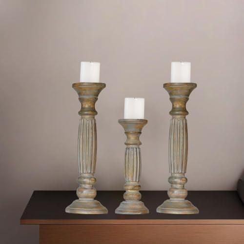Traditional Gray Wash Eco-Friendly Handmade Mango Wood Set of Three 15",12" & 15" Pillar Candle Holder