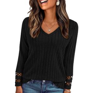 PRETTYGARDEN Women's Long Sleeve Shirts Ribbed Knit V Neck Tee Dressy Casual Blouses Going Out Tunic Tops 2026 Fall Outfits (Black, L)
