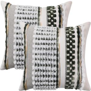 Tosleo Boho Throw Pillow Covers 18x18 Inch Set of 2 Dark Green Striped Chenille Pillowcases with Soft Plush Square Decorative Cushion Covers for Sofa Couch Bed Living Room Farmhouse Decor