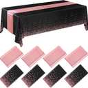 Breling 8 Pack Black and Rose Gold Disposable Plastic Tablecloths and Satin Table Runner Set, 54 x 108 Inch Tablecloth, 12 x 108 Inch Table Runners for Wedding Graduation Birthday Baby Shower New Year