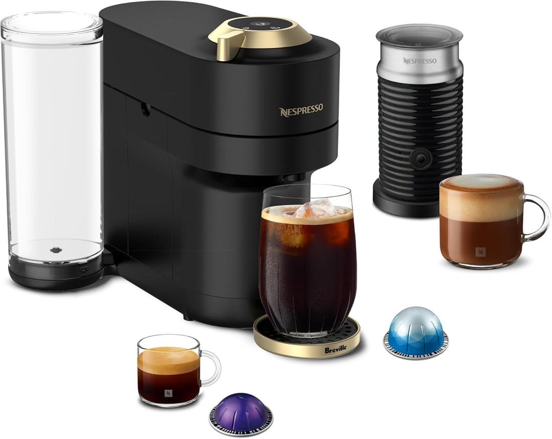 Nespresso Festive Vertuo Pop+ Deluxe Coffee and Espresso Maker by Breville with Milk Frother, Matte Black Gold